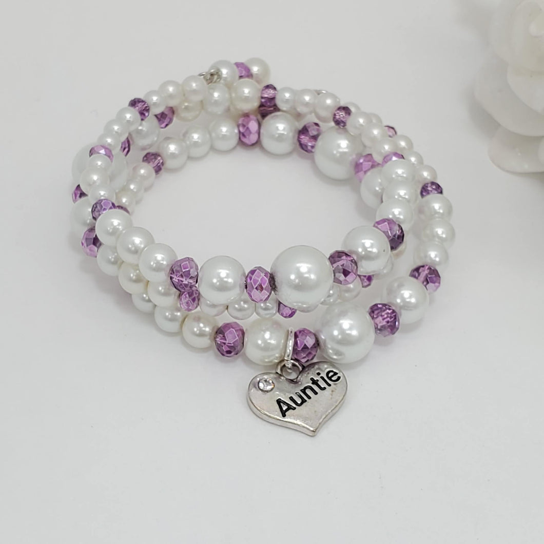 Handmade Auntie pearl crystal expandable multi layer wrap charm bracelet, white and purple or custom color - Auntie Gift - Auntie Present - Auntie Gift Ideas