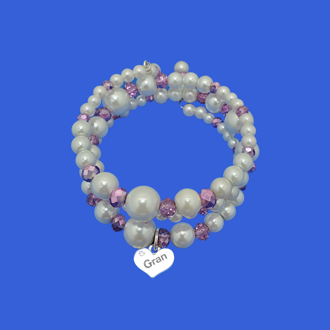 Gran Birthday Gifts - Gran Present - Gran Gift - gran pearl crystal expandable multi-layer wrap charm bracelet, white and purple or custom color