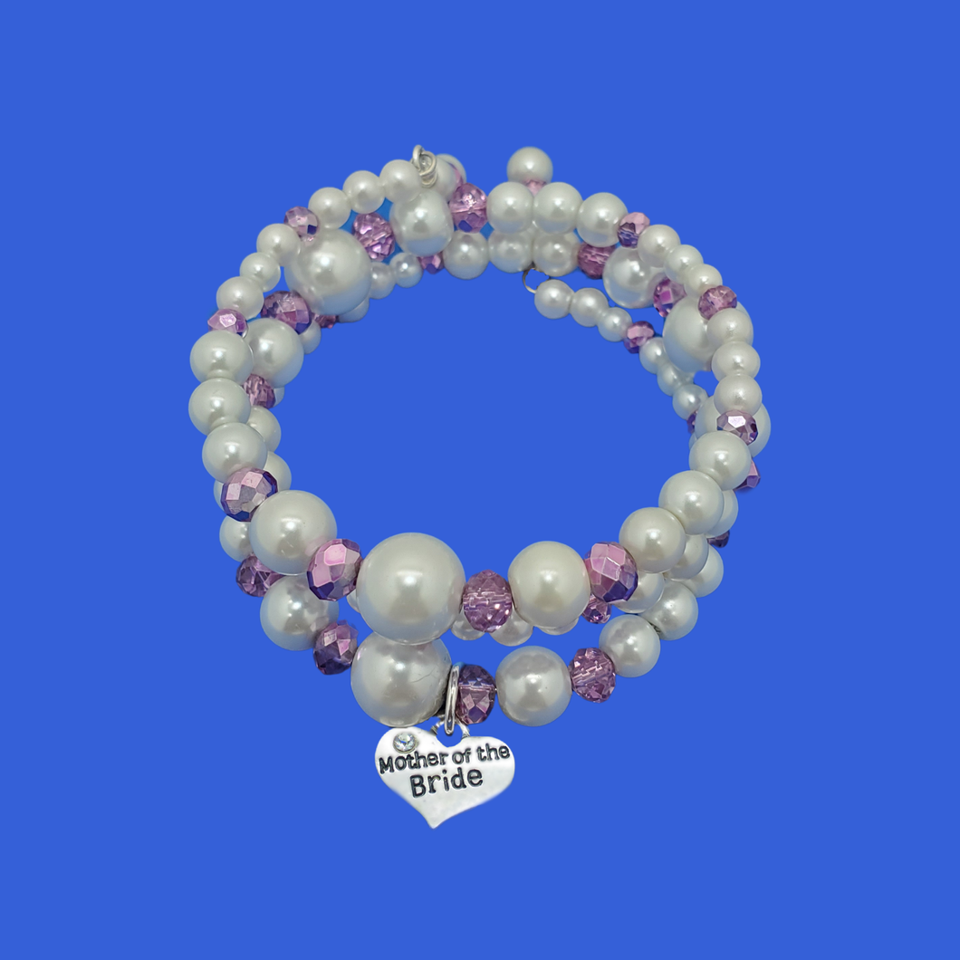 mother of the bride pearl crystal expandable multi layer wrap charm bracelet, white and purple or custom color