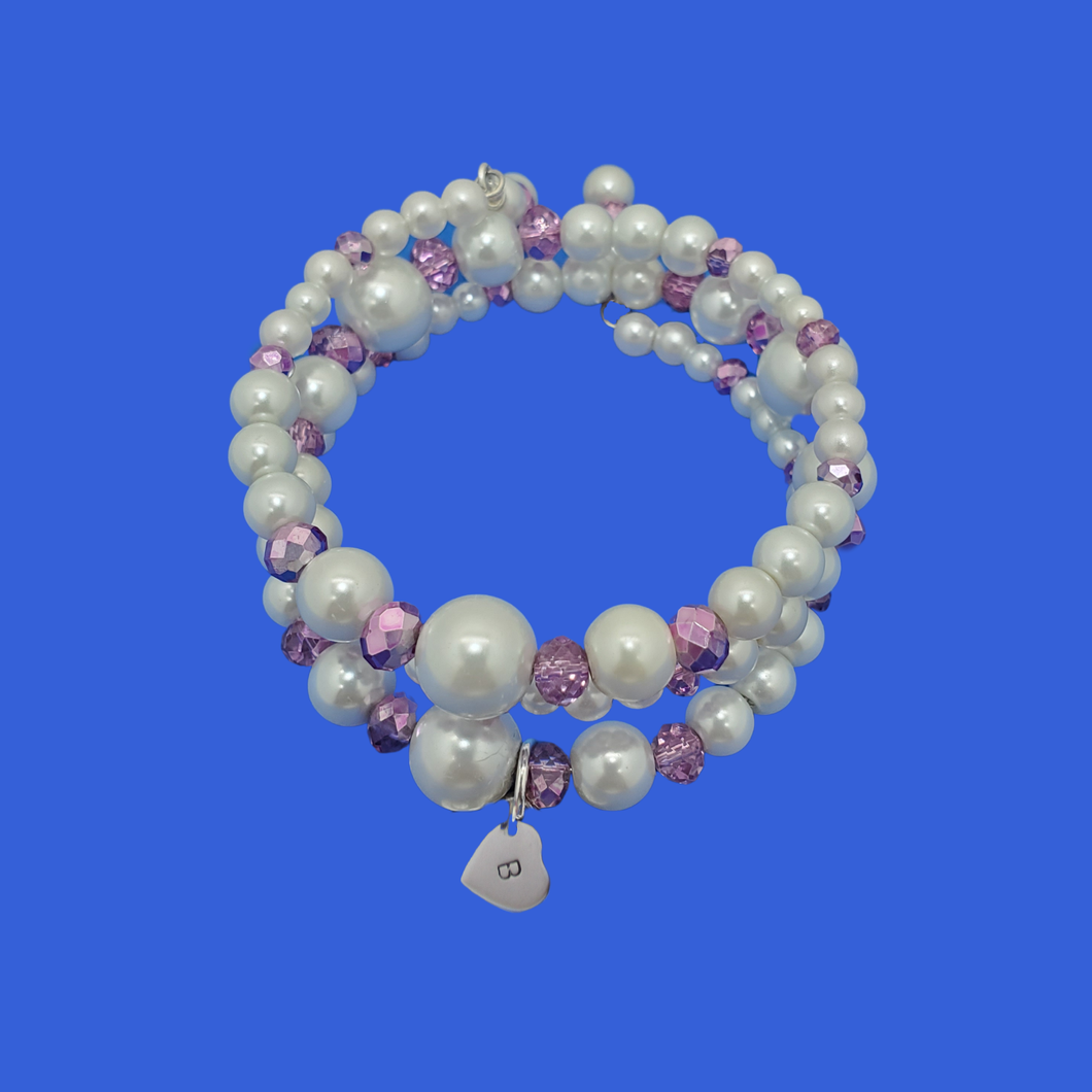 monogram pearl crystal expandable multi layer wrap charm bracelet, white purple