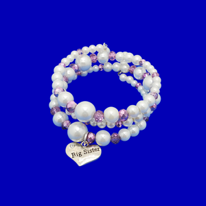 Big Sister Jewelry - Big Sister Gift - Sister Gift, big sister expandable multi layer wrap pearl charm bracelet, white and purple or custom color