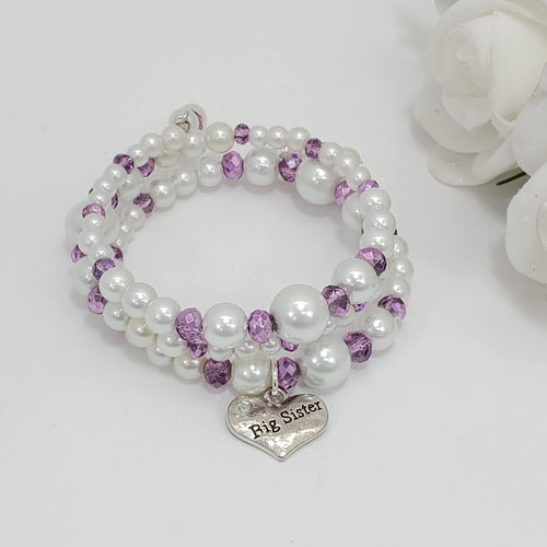 Handmade big sister expandable multi layer wrap pearl and crystal charm bracelet, white and purple or custom color - Big Sister Jewelry - Big Sister Gift - Sister Gift