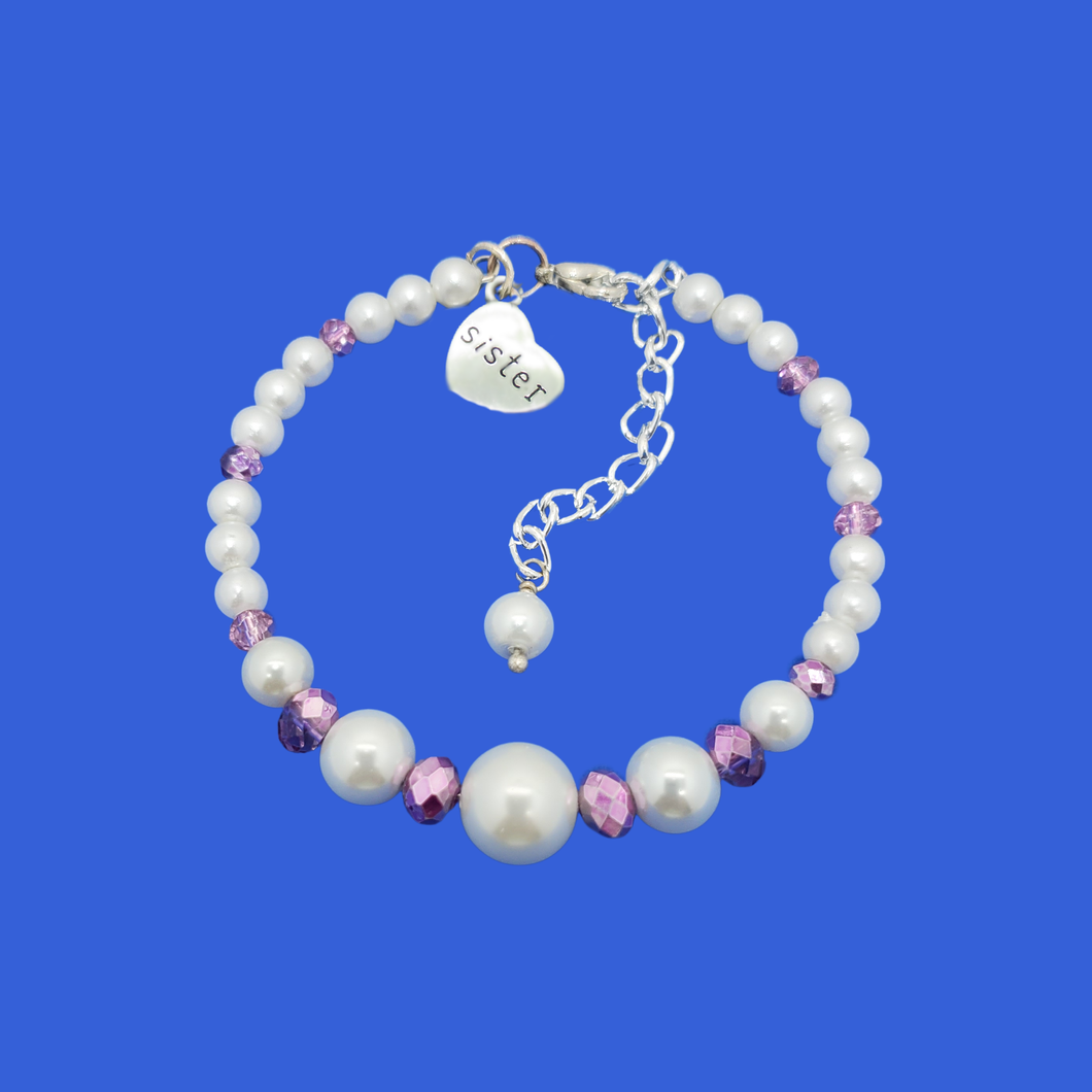 sister pearl crystal charm bracelet, white and purple or custom color