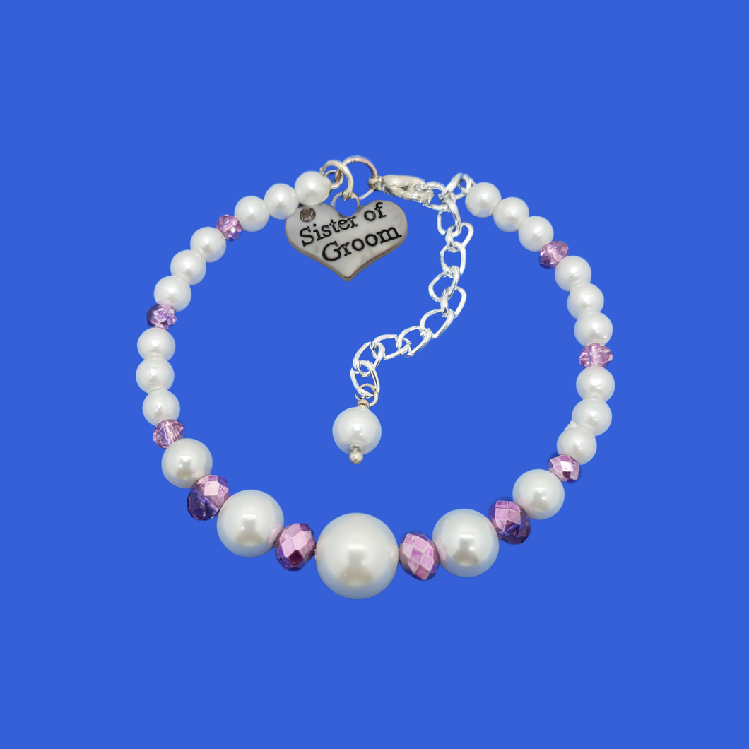 sister of the groom pearl crystal charm bracelet, white and purple or custom color