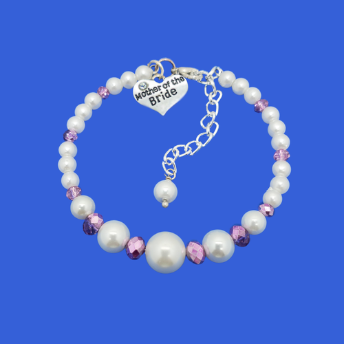 mother of the bride pearl and crystal charm bracelet, white and purple or custom color