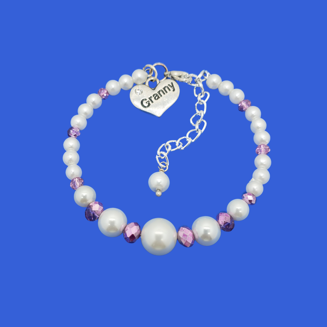 Granny Jewelry - Granny Gift - Granny Present - granny pearl crystal expandable charm bracelet, white purple