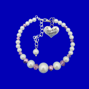 maid of honor pearl crystal charm bracelet, white and purple or custom color