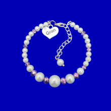 Load image into Gallery viewer, Gran Birthday Gifts - Gran Present - Gran Gift - handmade pearl and crystal Gran charm bracelet , white and purple or custom color