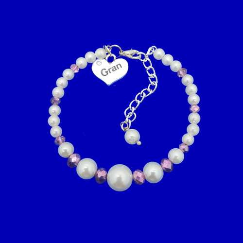 Gran Birthday Gifts - Gran Present - Gran Gift - handmade pearl and crystal Gran charm bracelet , white and purple or custom color