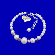 Load image into Gallery viewer, Big Sister Present - Big Sister Gift - Sister Gift, Big Sister Pearl Crystal Expandable Charm Bracelet, white and purple or custom color