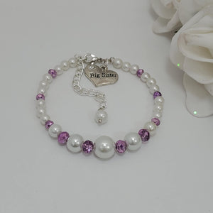 Handmade Big Sister Pearl Crystal Charm Bracelet, white and purple or custom color - Big Sister Present - Big Sister Gift - Sister Gift