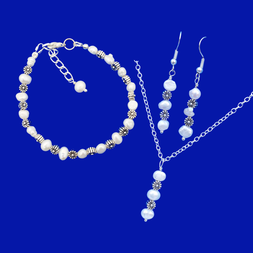 Necklace Set - Pearl Jewelry Set - Jewelry Sets, handmade floral fresh water pearl drop necklace accompanied by a bracelet and a pair of drop earrings, ivory and silver or ivory and gold