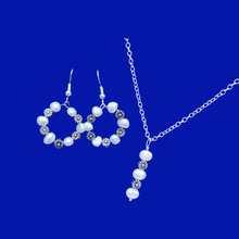 Load image into Gallery viewer, Necklace And Earring Set - Pearl Set - Necklace Set - handmade floral and fresh water pearl drop necklace accompanied by a pair of hoop drop earrings, ivory and silver or ivory and gold