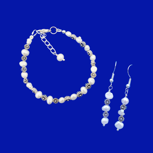 Bracelet Sets - Floral Jewellery Set - Pearl Set - handmade floral and fresh water pearl bar bracelet accompanied by a pair of drop earrings, ivory and silver or ivory and gold