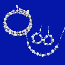 Load image into Gallery viewer, Fresh Water Pearl Jewelry Set - Jewelry Sets - handmade floral fresh water pearl bar necklace accompanied by an expandable, multi-layer, wrap bracelet and a pair of hoop earrings, ivory and silver or ivory and gold