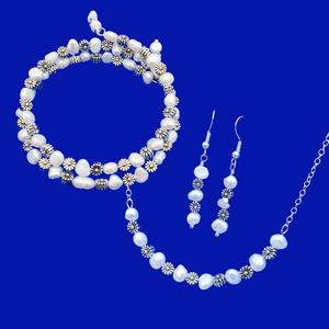 Jewelry Sets - Floral Jewellery Set - Necklace Set - handmade floral fresh water pearl bar necklace accompanied by an expandable, multi-layer, wrap bracelet and a pair of drop earrings, ivory and silver or ivory and gold