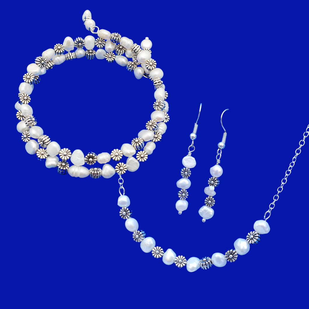 Jewelry Sets - Floral Jewellery Set - Necklace Set - handmade floral fresh water pearl bar necklace accompanied by an expandable, multi-layer, wrap bracelet and a pair of drop earrings, ivory and silver or ivory and gold