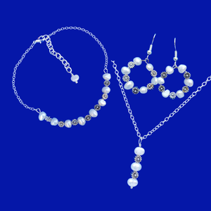 Fresh Water Jewelry - Jewelry Sets - Pearl Jewelry Set - handmade floral fresh water pearl drop necklace accompanied by a bar bracelet and a pair of hoop drop earrings, ivory and gold or ivory and silver