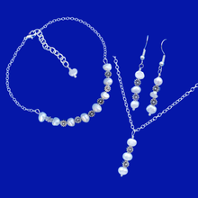 Load image into Gallery viewer, Flower Jewelry - Necklace Set - Jewelry Sets, handmade floral fresh water pearl drop necklace accompanied by a matching bracelet and a pair of drop earrings, ivory and silver or ivory and gold