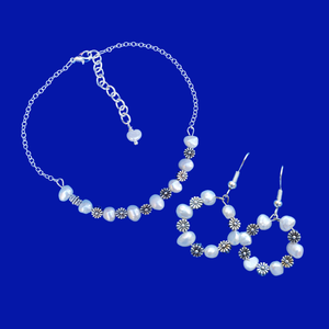 Pearl Set - Bridal Sets - Bracelet Sets, handmade fresh water pearl and floral bar bracelet accompanied by a pair of hoop earrings, ivory and silver or ivory and gold