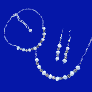 Maid of Honor Proposal - Jewelry Sets - Pearl Set - handmade floral fresh water pearl bar necklace accompanied by a matching bracelet and a pair of drop earrings, ivory and silver or ivory and gold