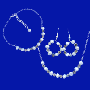 Pearl Set - Jewelry Sets - Necklace Set - handmade floral fresh water pearl bar necklace accompanied by a matching bracelet and a pair of hoop earrings, ivory and silver