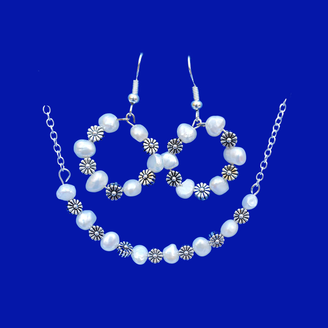 Pearl Set - Bridal Set - Necklace And Earring Set, handmade floral fresh water pearl bar necklace accompanied by a pair of matching hoop earrings, ivory and silver