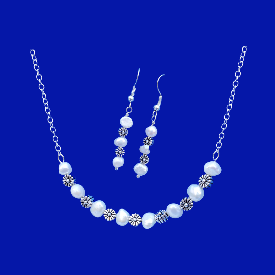 fresh water pearl floral bar necklace drop earring jewelry set, ivory and silver or ivory and gold