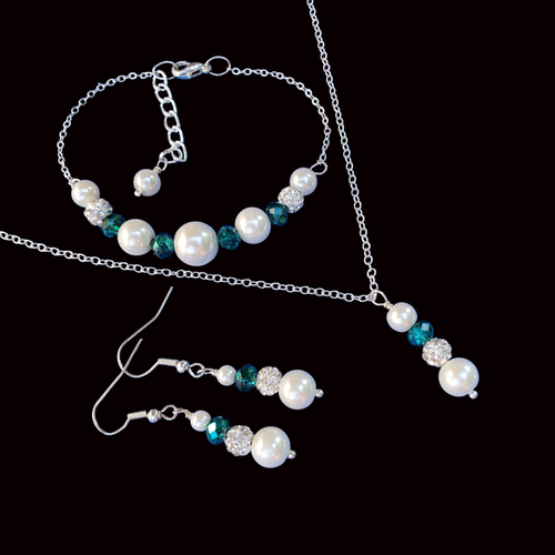 Jewelry Sets - Necklace Set - Pearl Set, pearl crystal drop necklace bar bracelet drop earring jewelry set, white and green or custom color