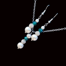 Load image into Gallery viewer, Necklace And Earring Set - Proposal Bridesmaid - handmade pearl and crystal drop necklace accompanied by a bracelet and a pair of drop earrings, white and green or custom color