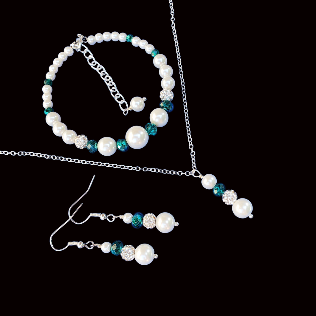 Pearl Set - Jewelry Sets - Bridal Party Gifts - handmade pearl and crystal drop necklace accompanied by a bracelet and a pair of drop earrings, white and green or custom color