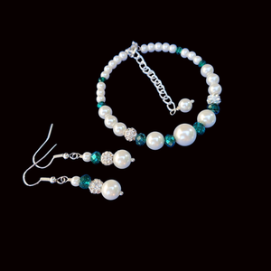 Pearl Set - Wedding Sets - Bracelet Sets, pearl crystal expandable bracelet drop earring jewelry set, white green