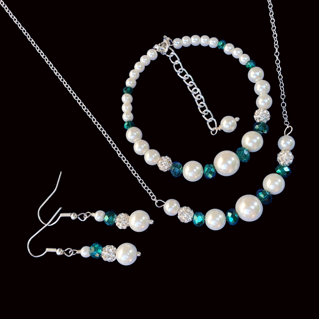handmade pearl and crystal bar necklace accompanied by a bracelet and a pair of drop earrings