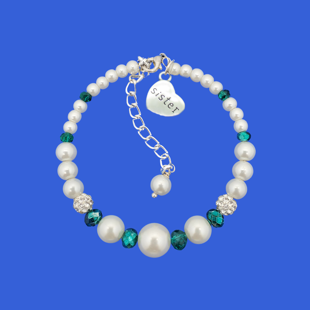 sister pearl crystal charm bracelet, white and green or custom color
