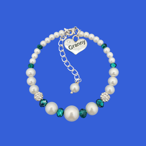 Granny Gift - Granny Present - Granny Jewelry - handmade granny pearl crystal charm bracelet, white and green or custom color