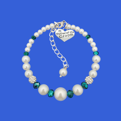 mother of the groom pearl crystal charm bracelet, white and green or custom color