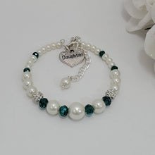 Load image into Gallery viewer, Handmade pearl and crystal daughter charm bracelet, white and green or custom color - Daughter Gift - Daughter Present