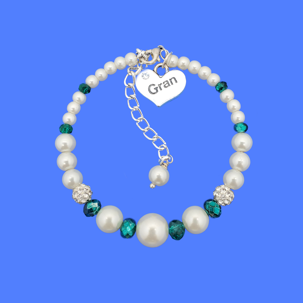 New Gran Gifts - Gran Present - Gran Gift - gran pearl crystal charm bracelet, white and green or custom color