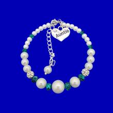 Load image into Gallery viewer, Auntie Jewellery - Auntie Bracelet - Auntie Gift Ideas, auntie pearl crystal expandable charm bracelet, white and green or custom color