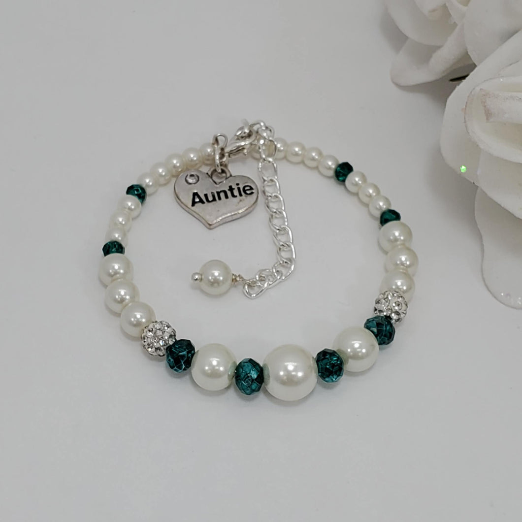 Handmade auntie pearl crystal expandable charm bracelet, white and green or custom color - Auntie Jewellery - Auntie Bracelet - Auntie Gift Ideas