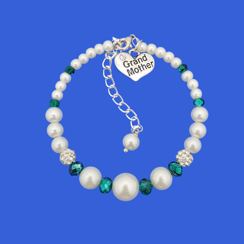 Grand Mother Gift - Ideal Gift For Grandmother - Grand mother pearl crystal expandable charm bracelet, white and green or custom color