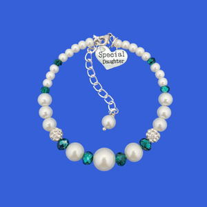 Special Daughter Expandable Pearl Crystal Charm Bracelet, white with green accents