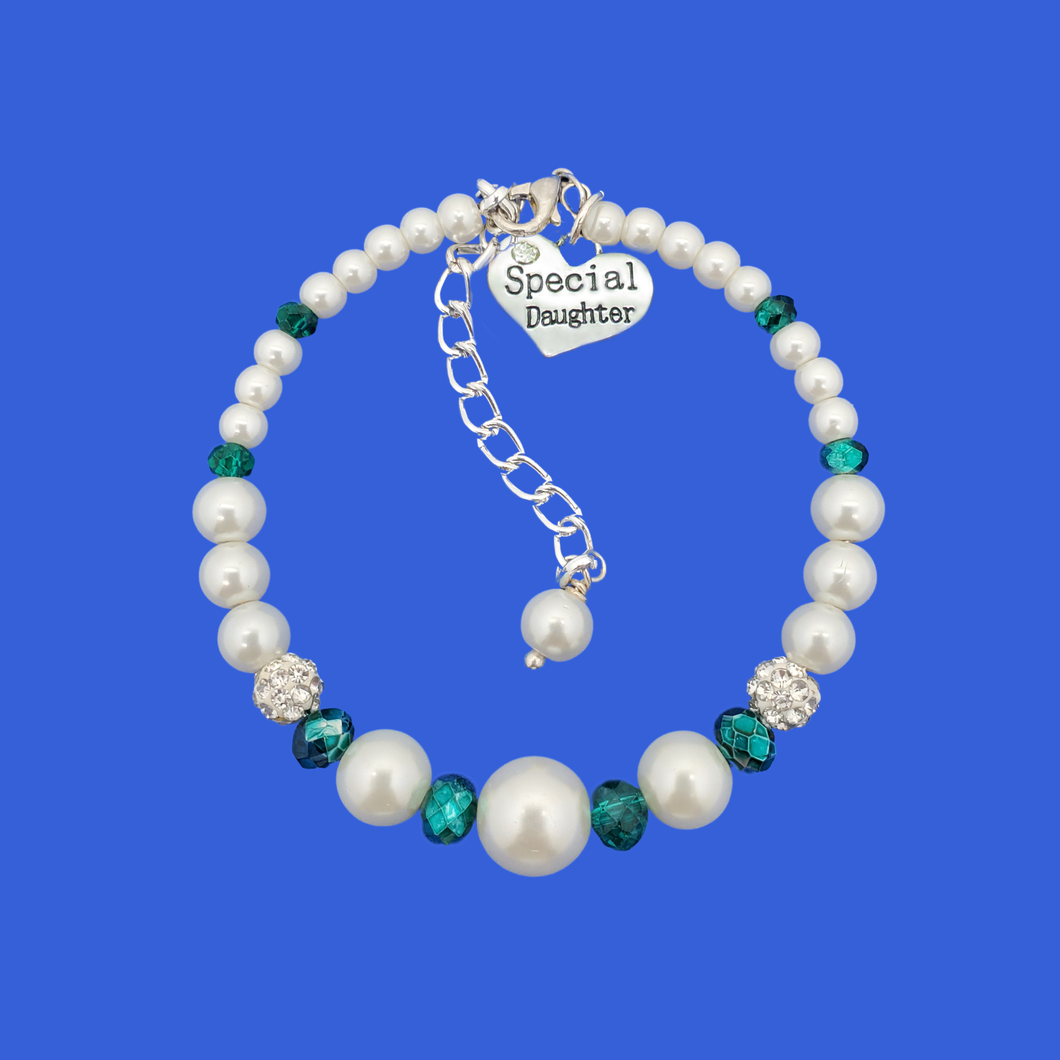 Special Daughter Expandable Pearl Crystal Charm Bracelet, white with green accents