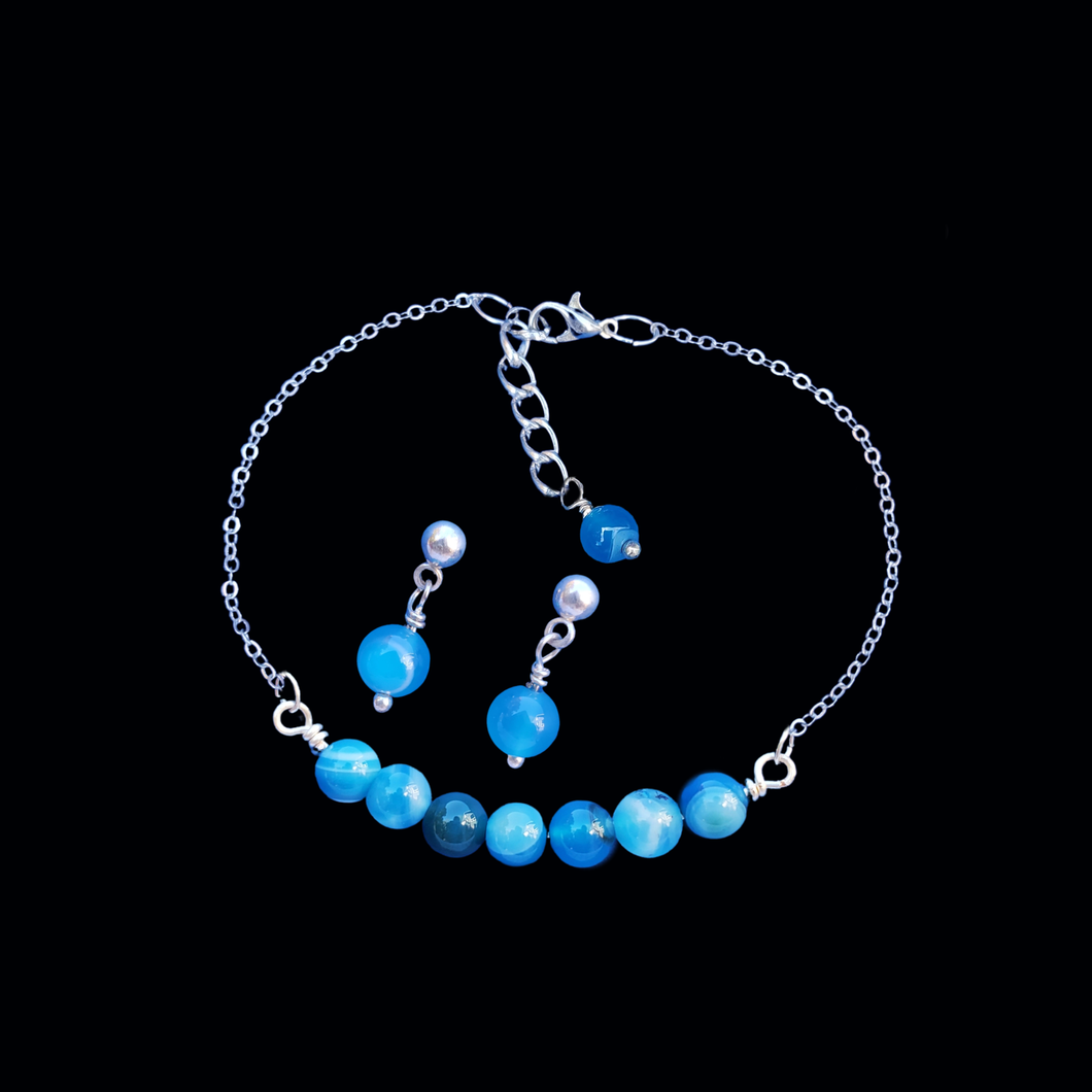 Bracelet Sets - Gemstone Jewelry - Bridal Party Gifts - handmade natural gemstone bar bracelet stud earring jewelry set, (blue lines agate) shades of blue or custom color