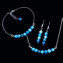 Load image into Gallery viewer, Jewelry Sets - Gemstone Jewelry - Bridesmaid Gifts - natural gemstone bar necklace bar bracelet drop earring jewelry set, blue lines agate or custom color, shades of blue (blue lines agate) or custom color