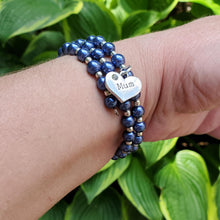 Load image into Gallery viewer, Handmade mum silver accented pearl multi Layer, expandable, wrap charm bracelet - dark blue or custom color. Mum Jewelry - Mum Bracelet - Mother Jewelry
