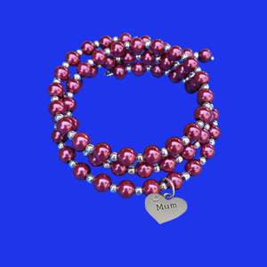mum silver accented pearl multi Layer, expandable, wrap charm bracelet - bordeaux red or custom color - Mum Jewelry - Mum Bracelet - Mother Jewelry