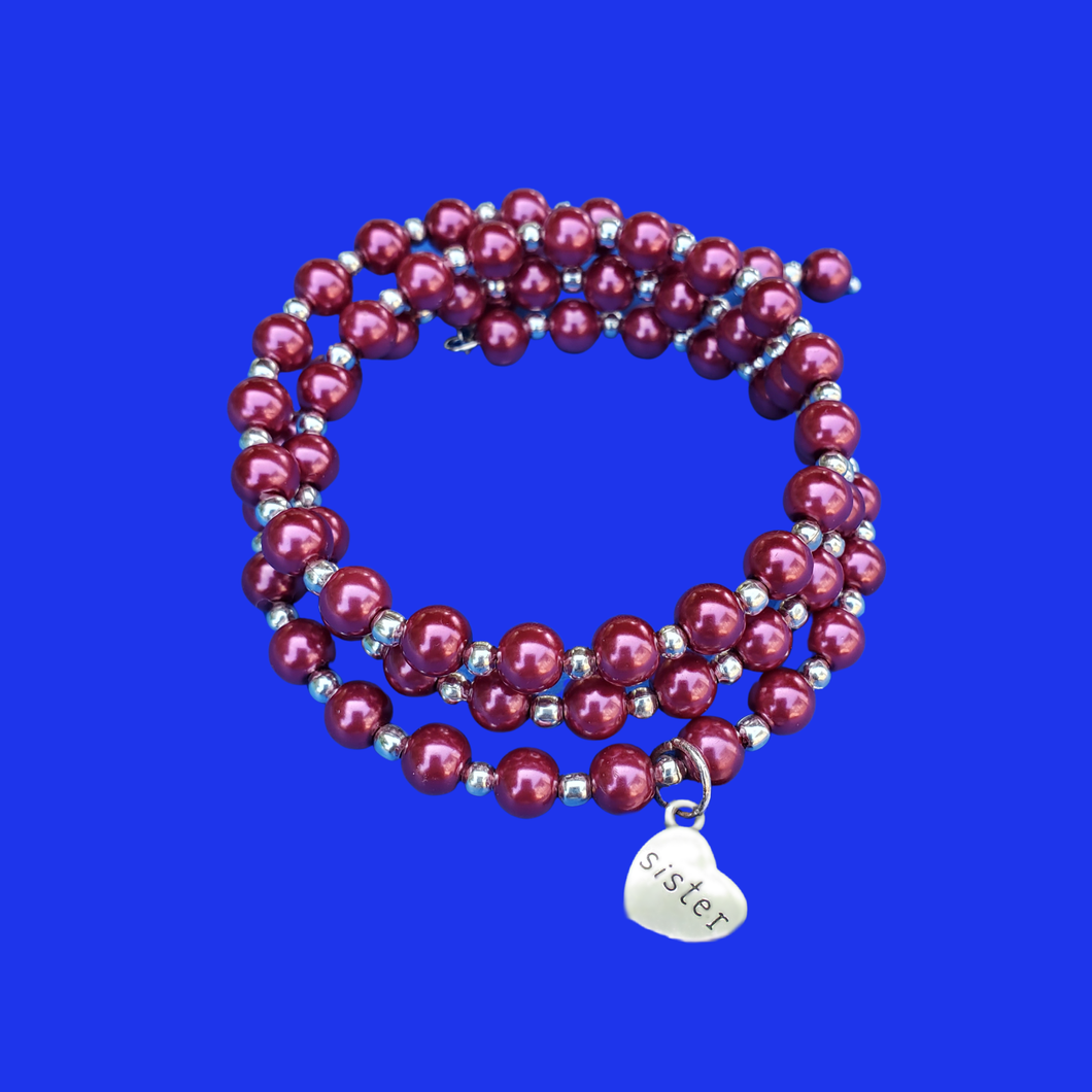 sister silver accented expandable multi layer wrap charm bracelet, bordeaux red or custom color