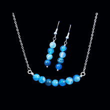 Load image into Gallery viewer, Gemstone Jewelry - Necklace And Earring Set - handmade natural gemstone bar necklace accompanied by a pair of drop earrings, blue lines agate (shades of blue) or custom color