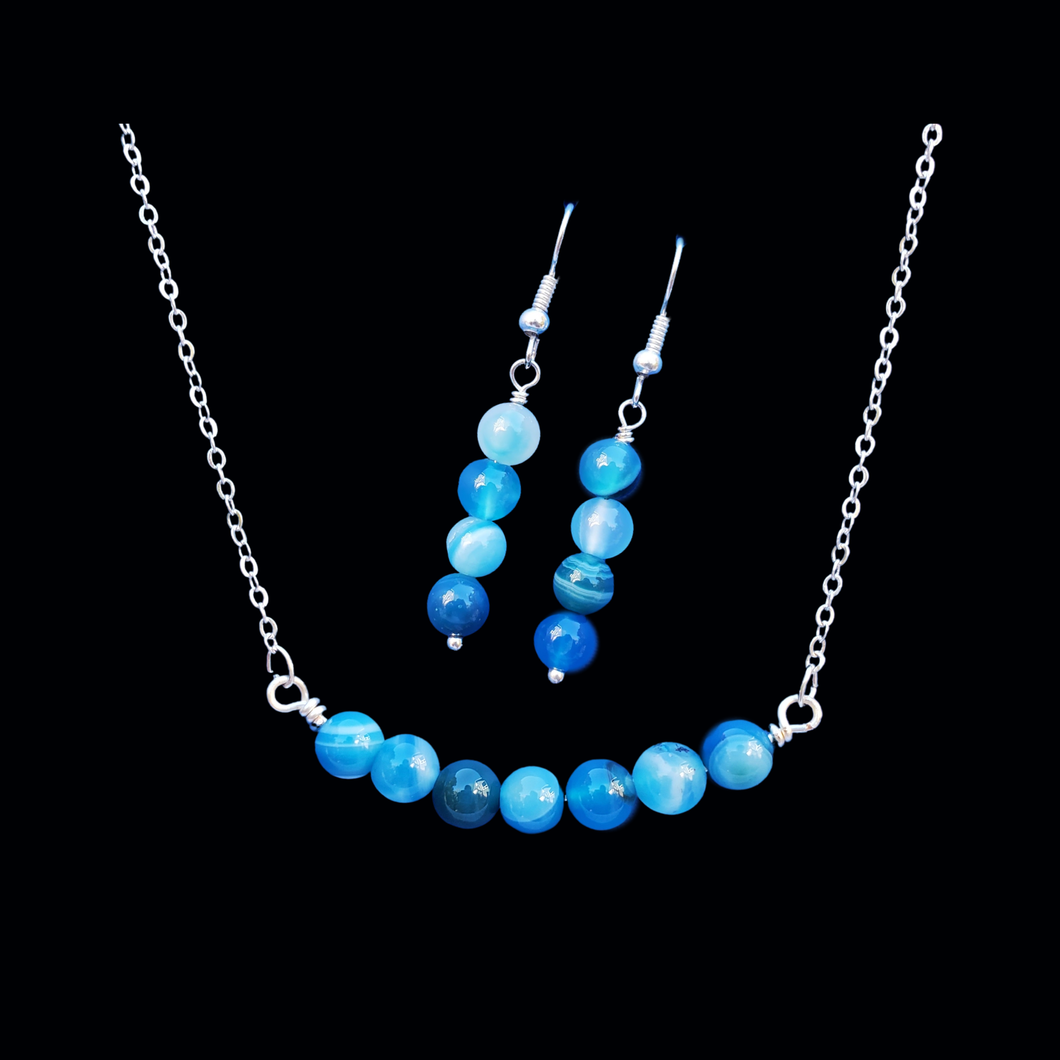 Gemstone Jewelry - Necklace And Earring Set - handmade natural gemstone bar necklace accompanied by a pair of drop earrings, blue lines agate (shades of blue) or custom color